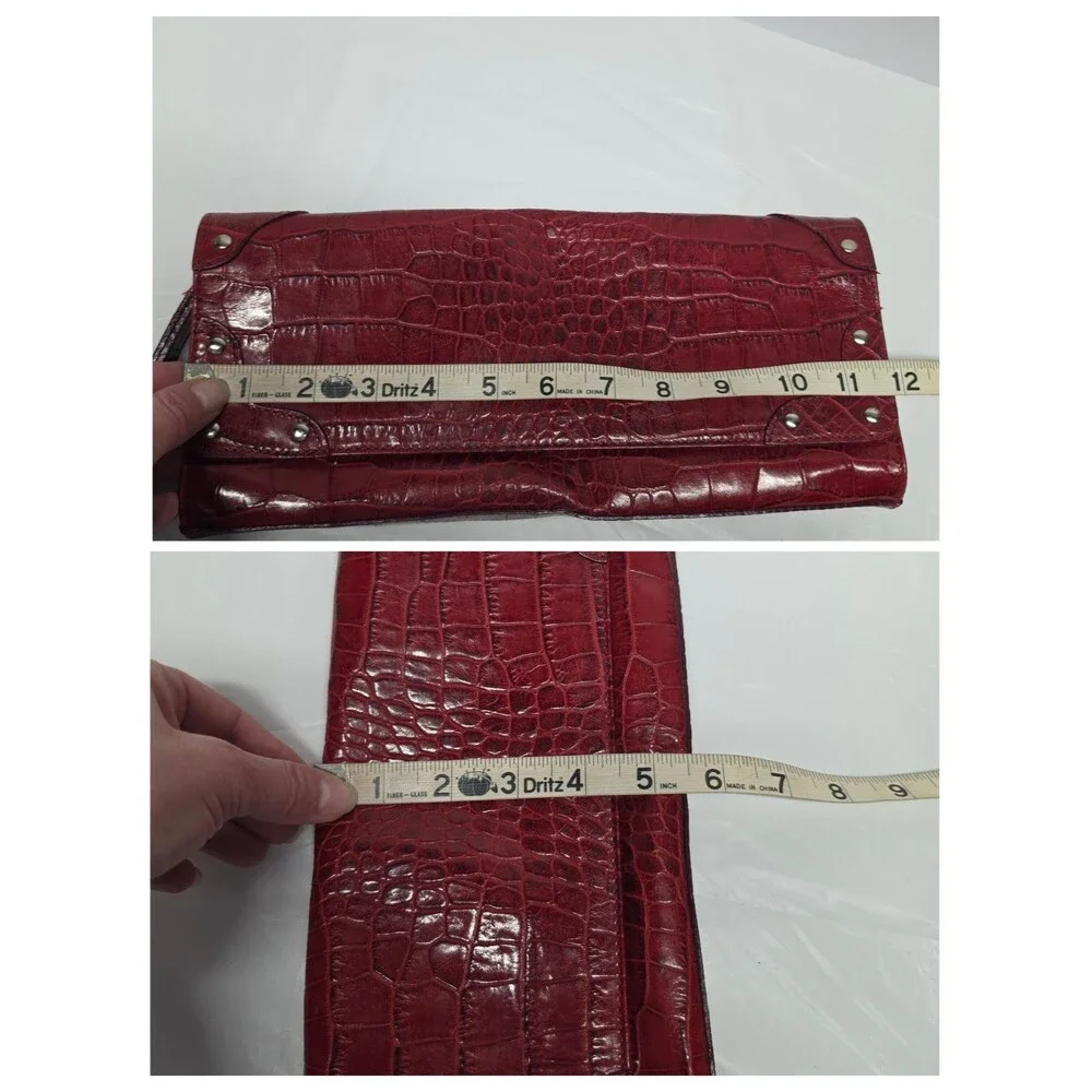 Claudia Firenze Croc Embossed Studded Clutch In Burgundy Red Leather Italy
